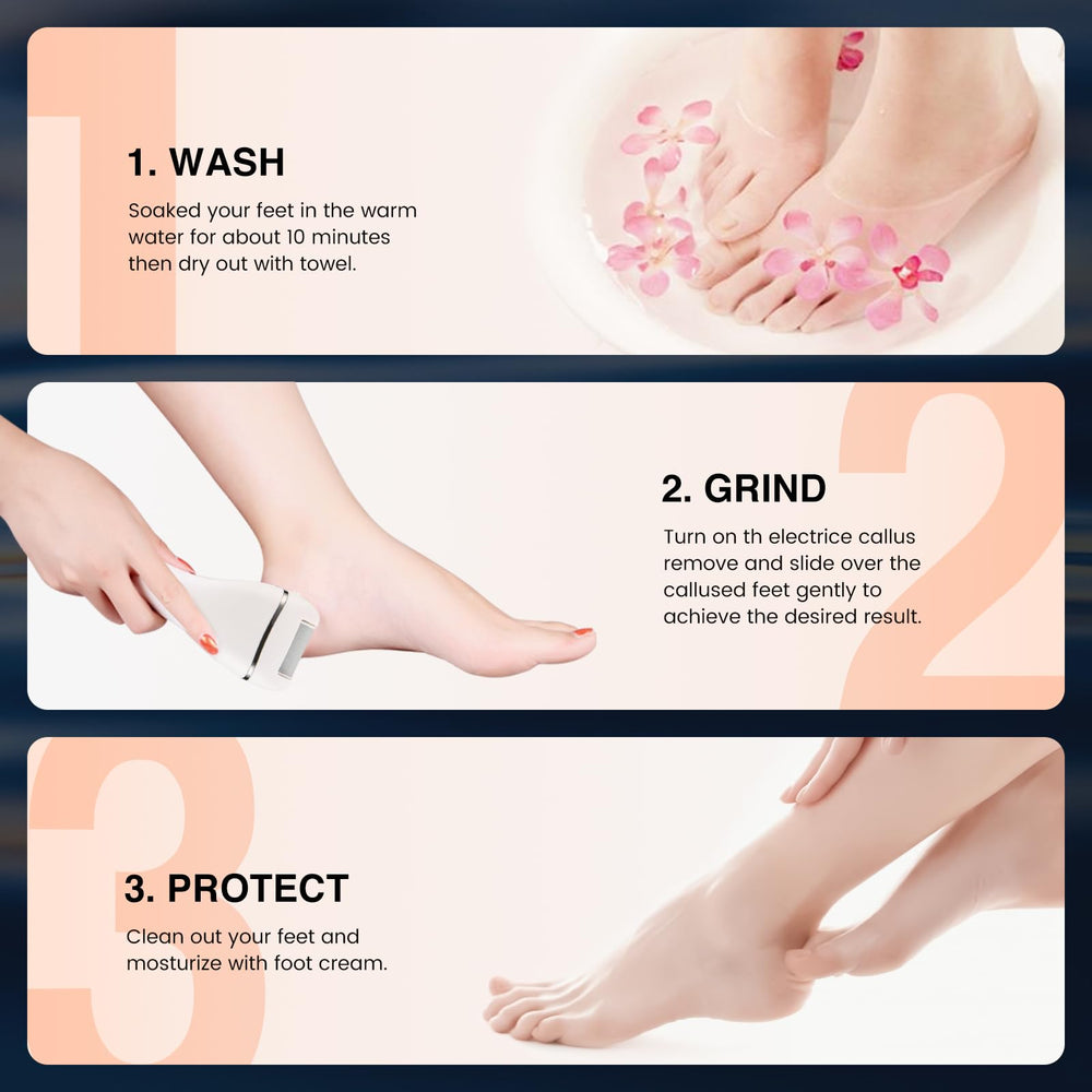 PRITECH electric foot callus remover in use demonstrates home spa convenience.