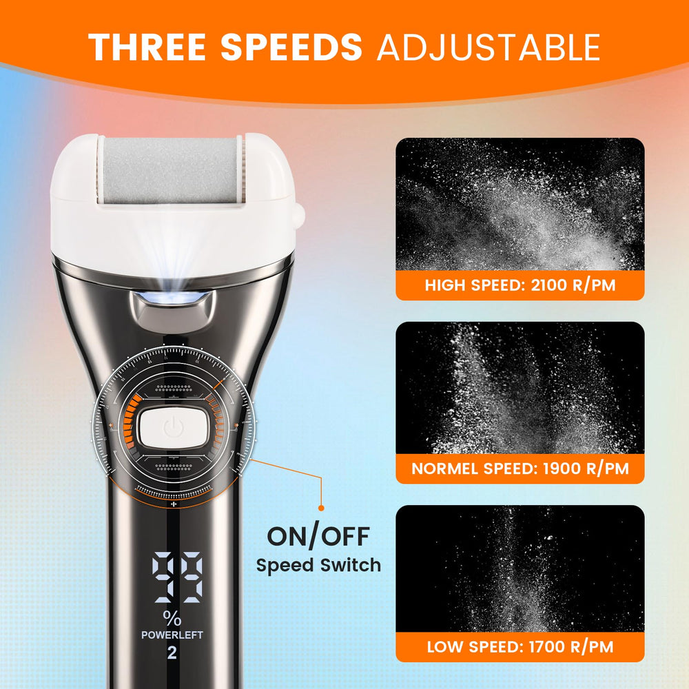 PRITECH electric foot callus remover LED display demonstrates battery status during use.