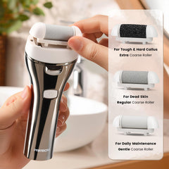 PRITECH electric foot callus remover roller heads close-up shows quartz grinding heads for dead skin removal.
