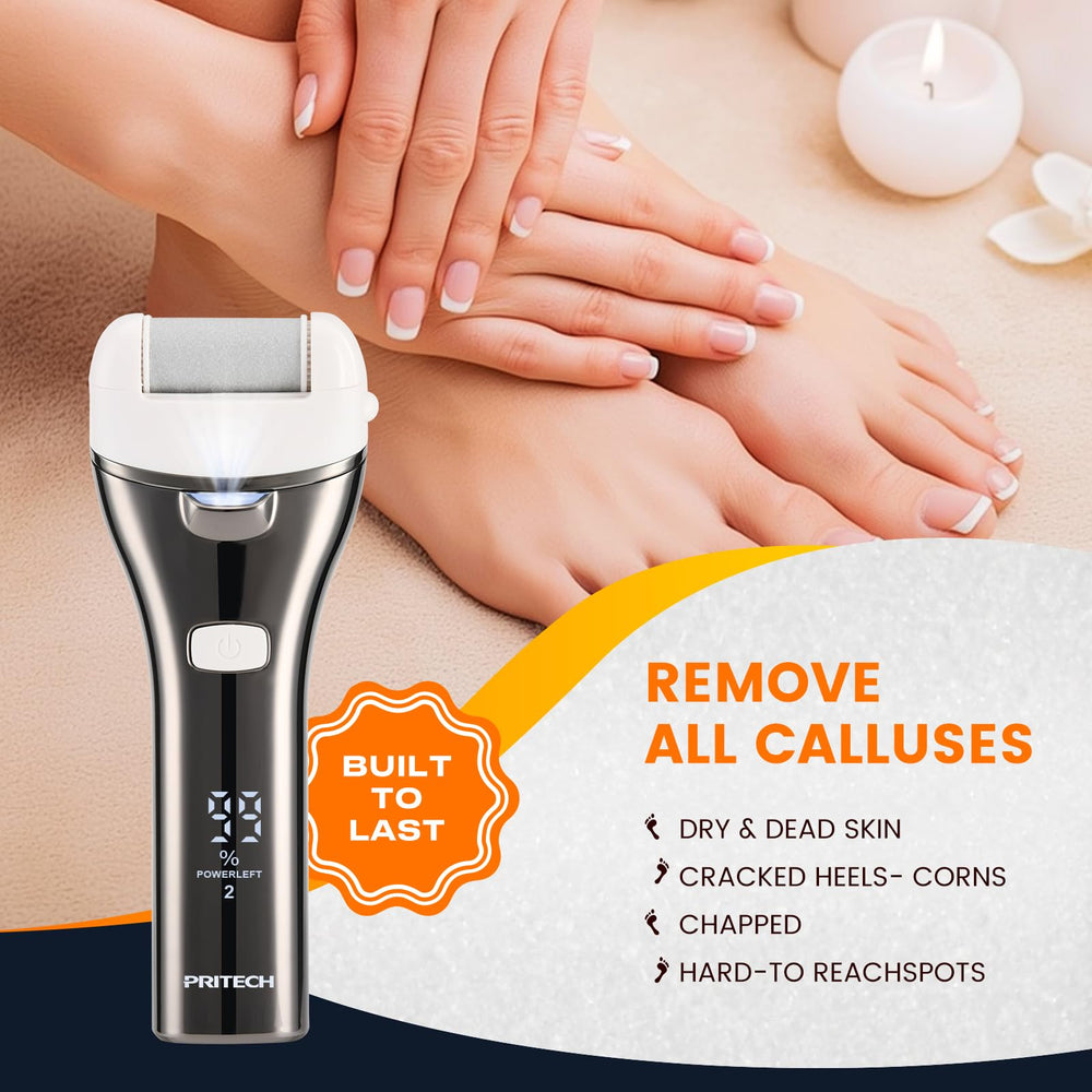 PRITECH electric foot callus remover side view highlights lightweight portability for on-the-go care.