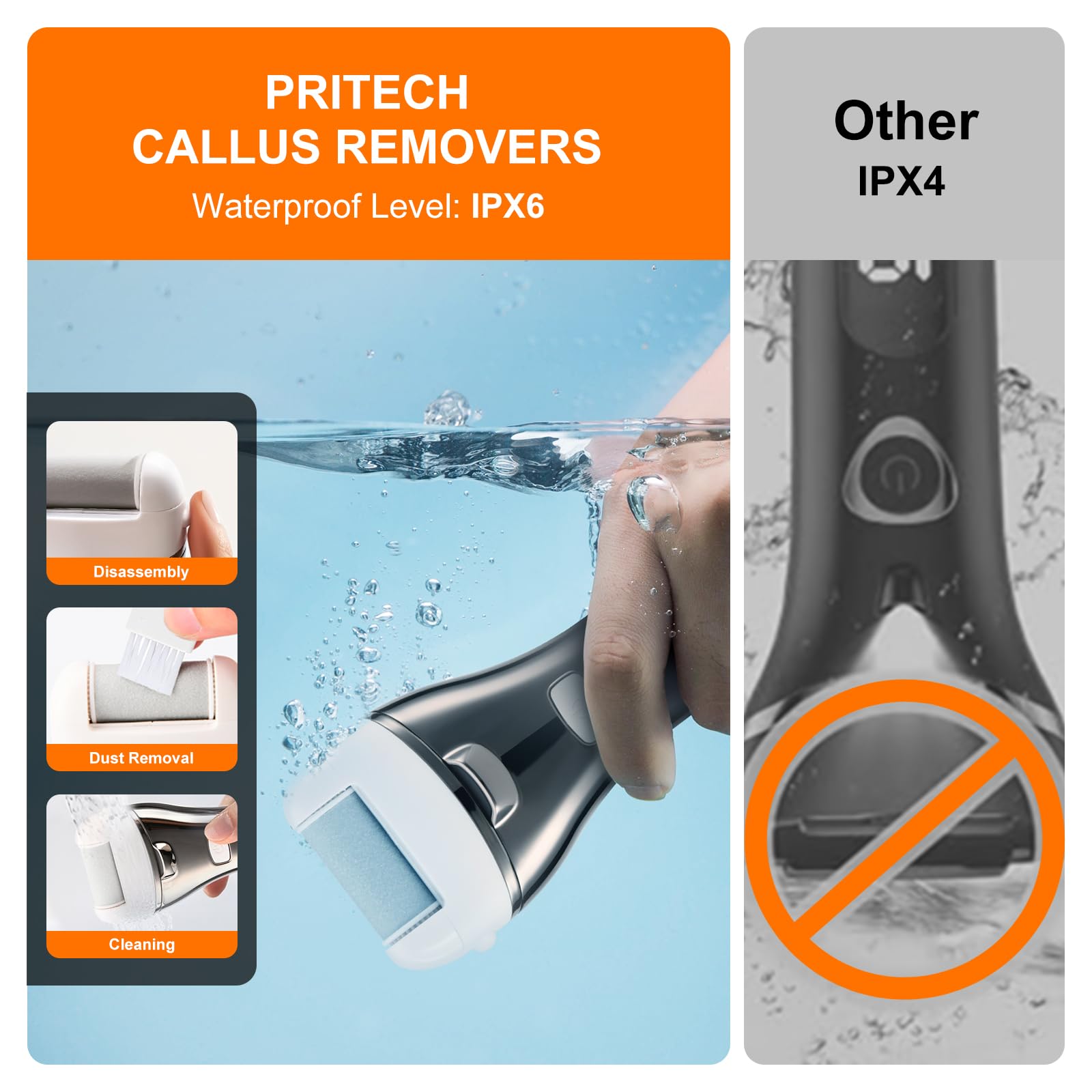 PRITECH electric foot callus remover top view emphasizes three speed modes for customized smoothing.