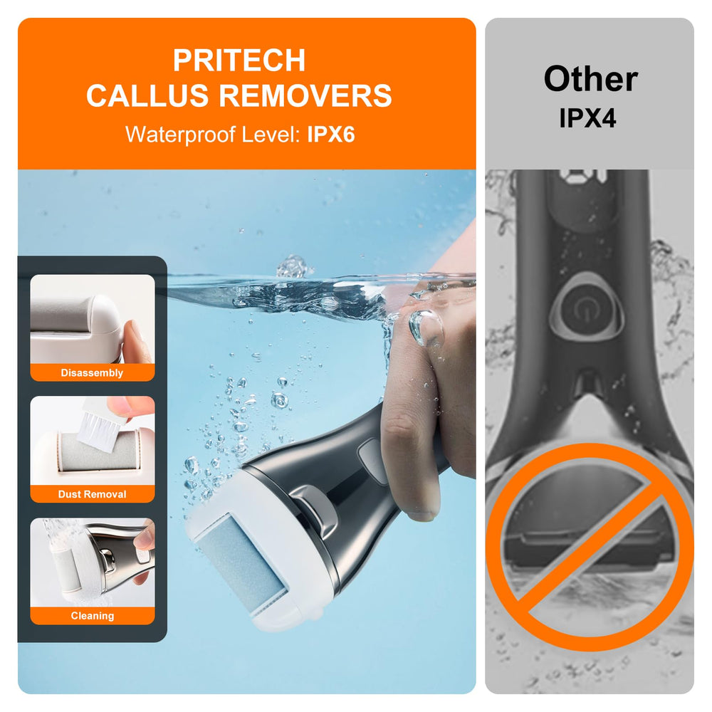 PRITECH electric foot callus remover top view emphasizes three speed modes for customized smoothing.