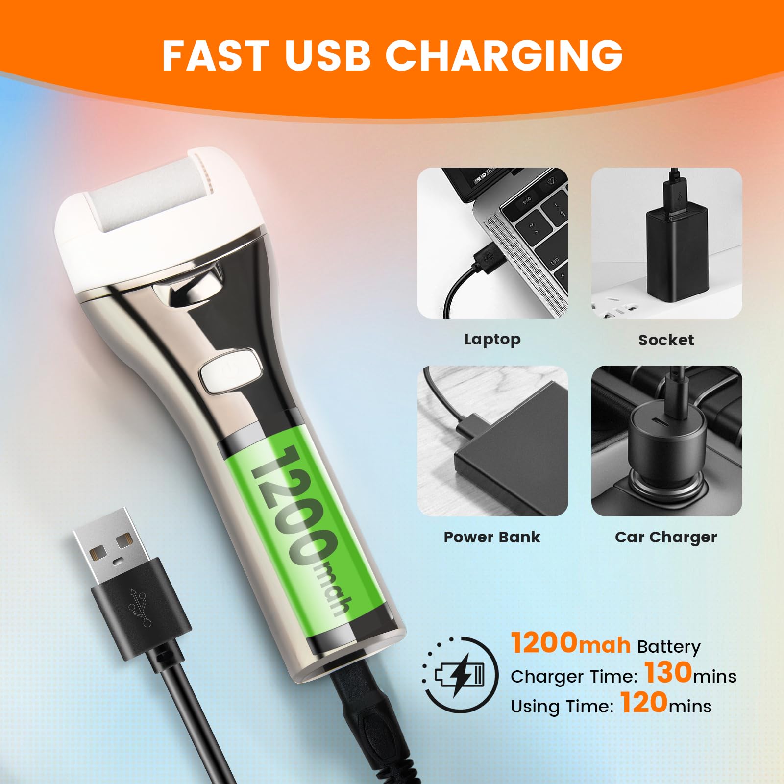 PRITECH electric foot callus remover USB charging cable and dock highlight recharge convenience.