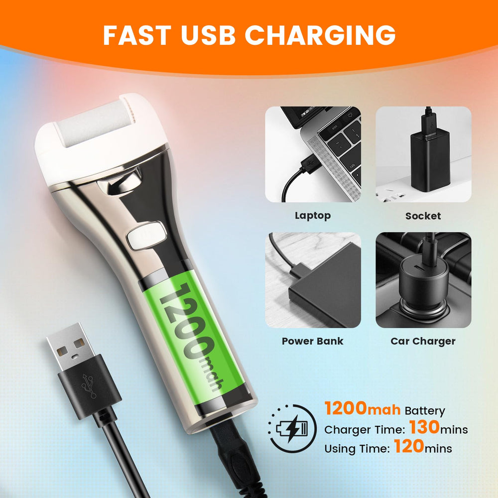 PRITECH electric foot callus remover USB charging cable and dock highlight recharge convenience.