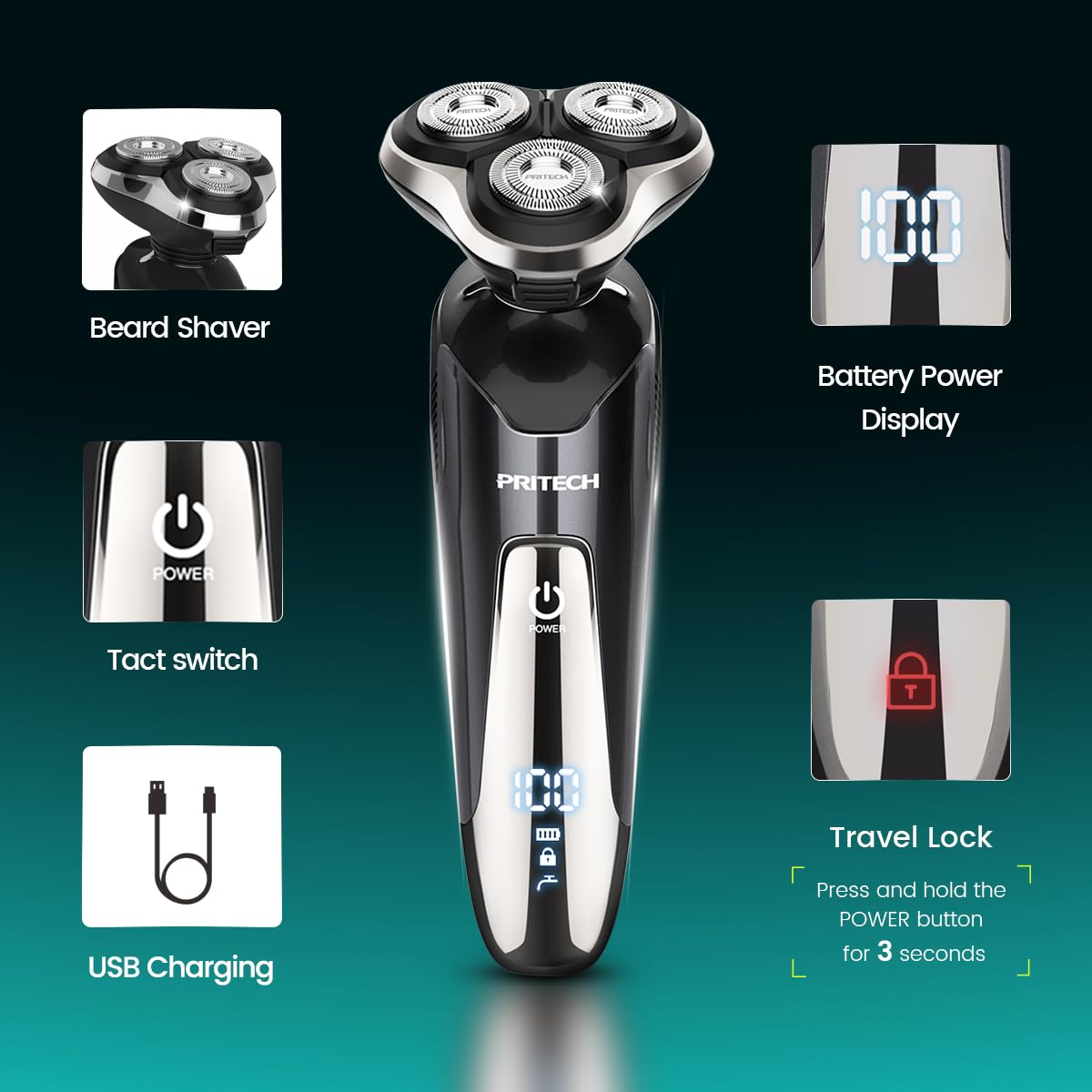 PRITECH electric razor 3D floating head follows contours for smooth results