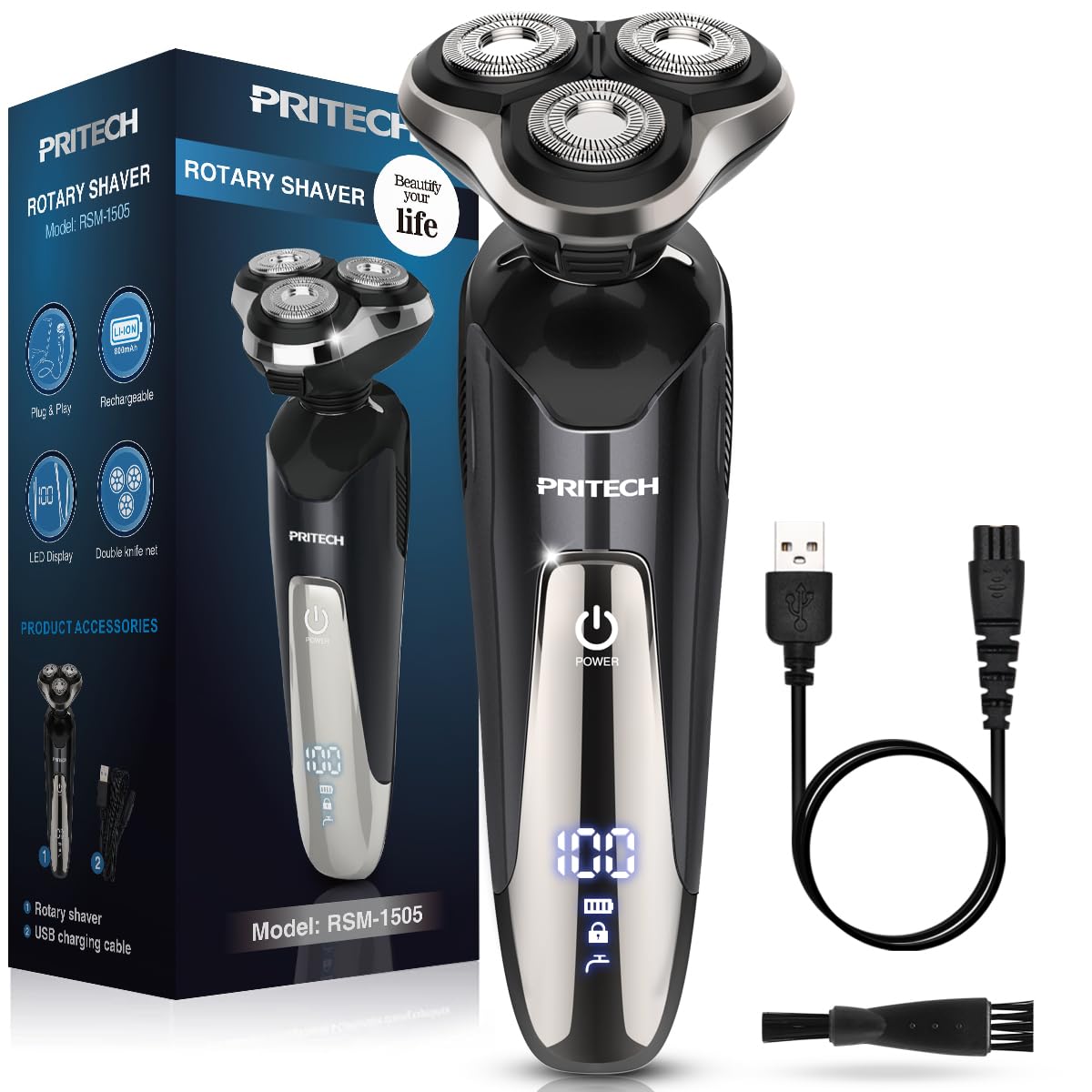 PRITECH electric razor dual-track blades closeup for a precise shave