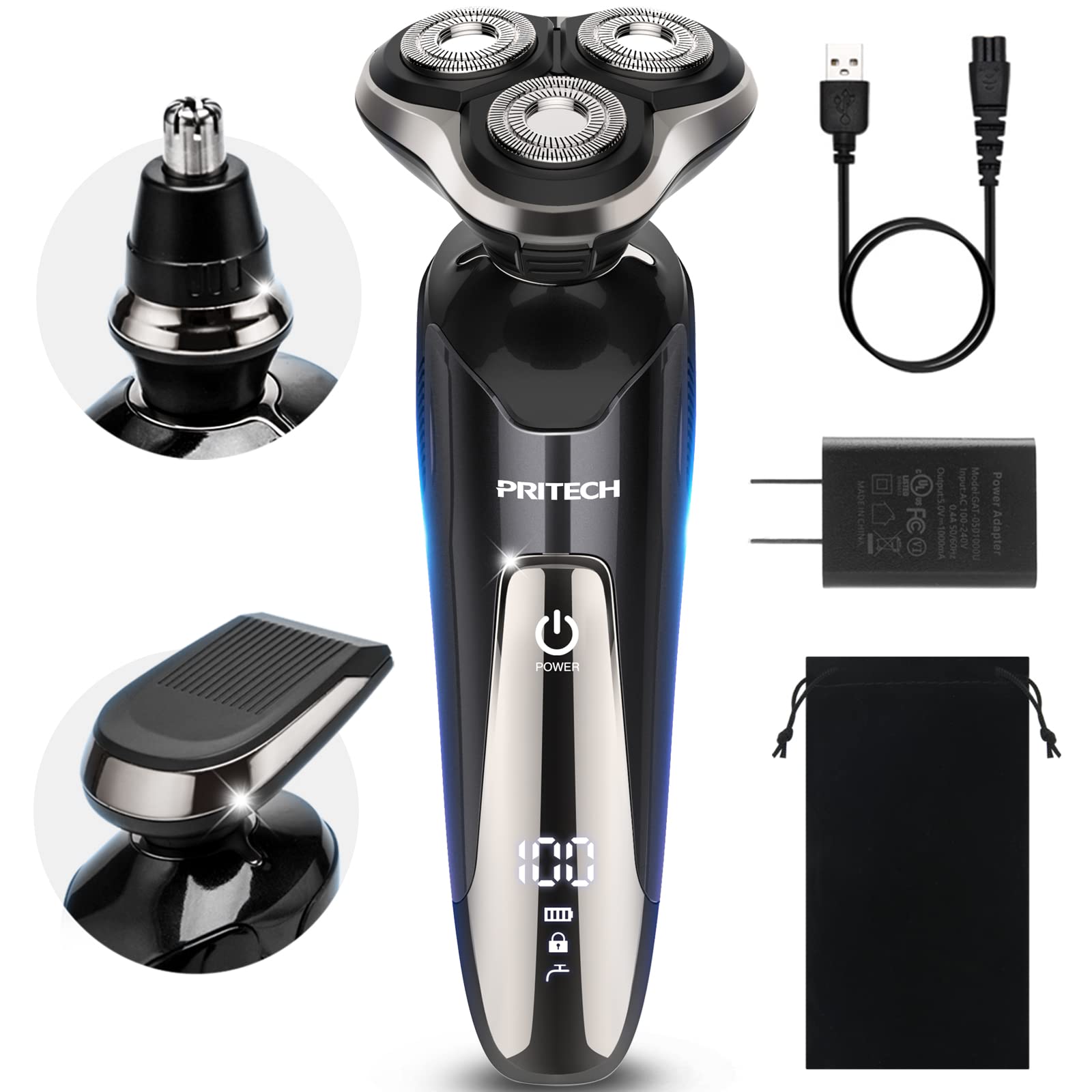PRITECH electric razor for face shaving with contour-following blades for a smooth finish.