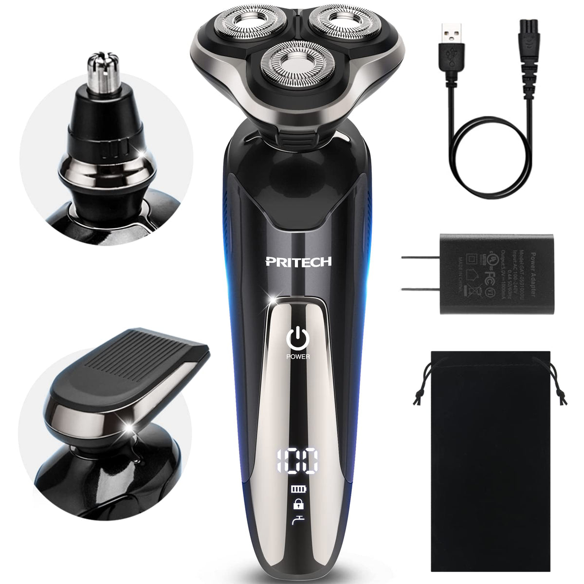 PRITECH electric razor for face shaving with contour-following blades for a smooth finish.