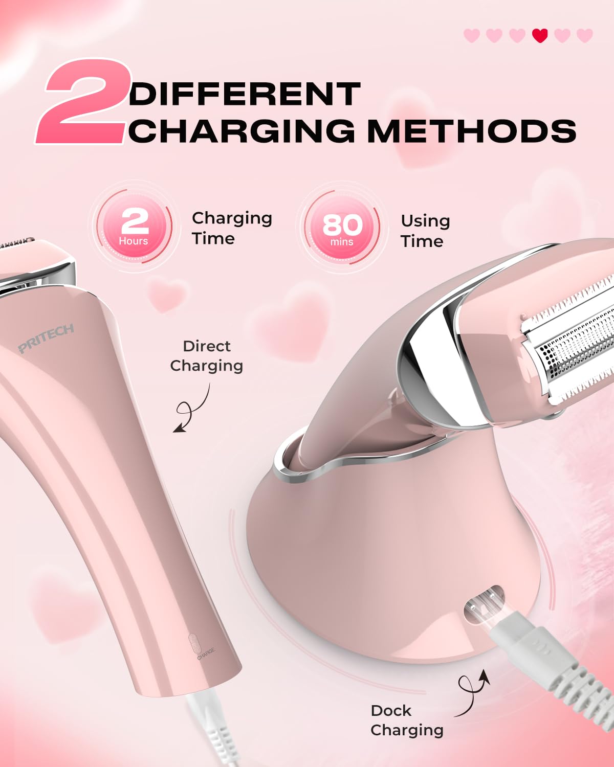 PRITECH shaver charging via USB dock for easy placement.