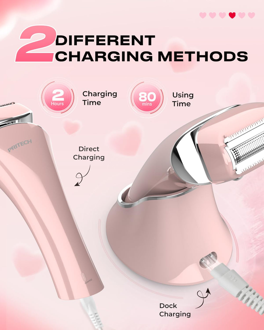 PRITECH shaver charging via USB dock for easy placement.
