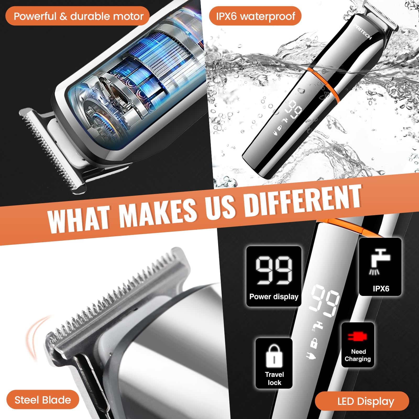 PRITECH foil razor attachment for clean detailing.
