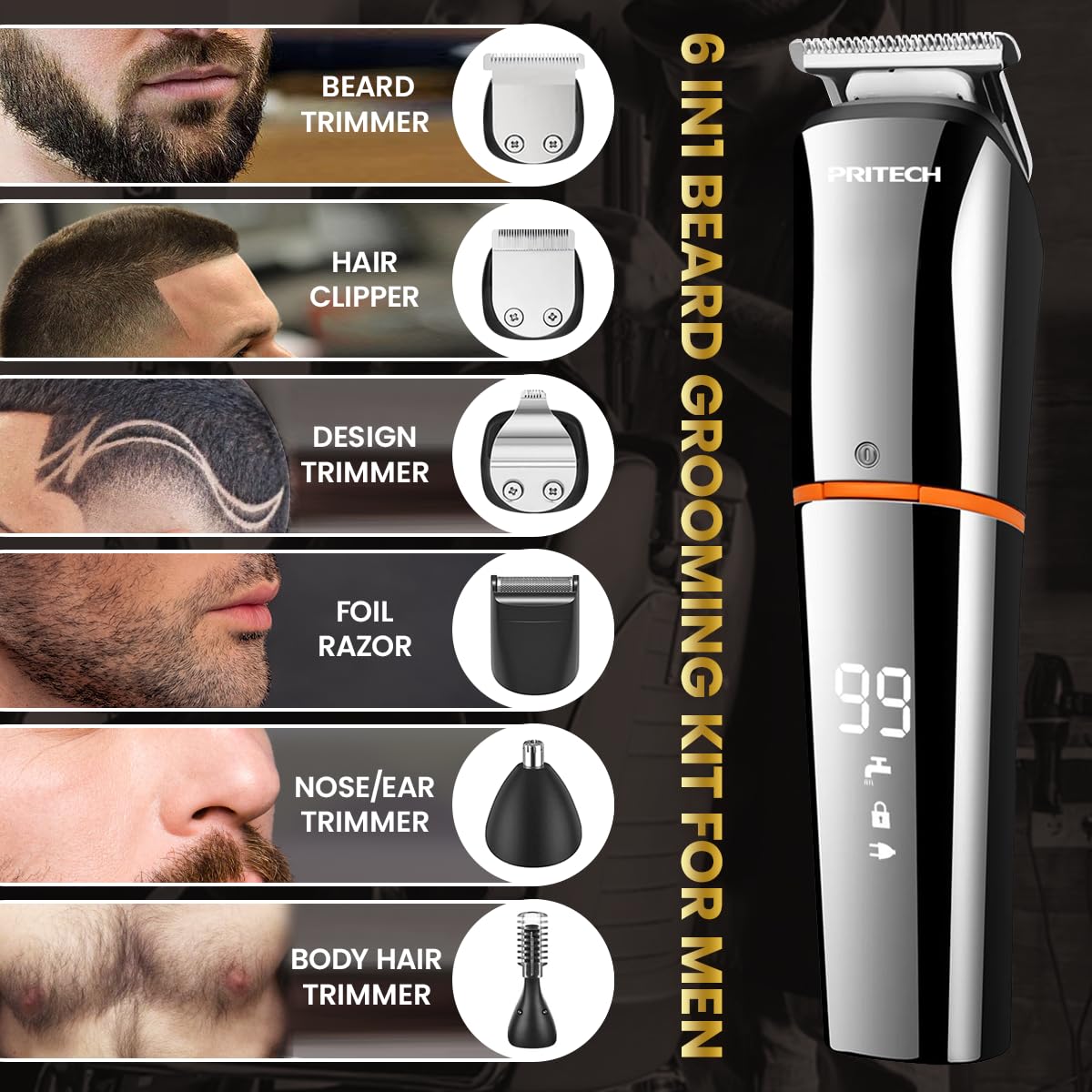 PRITECH trimmer with LED display indicating battery level.