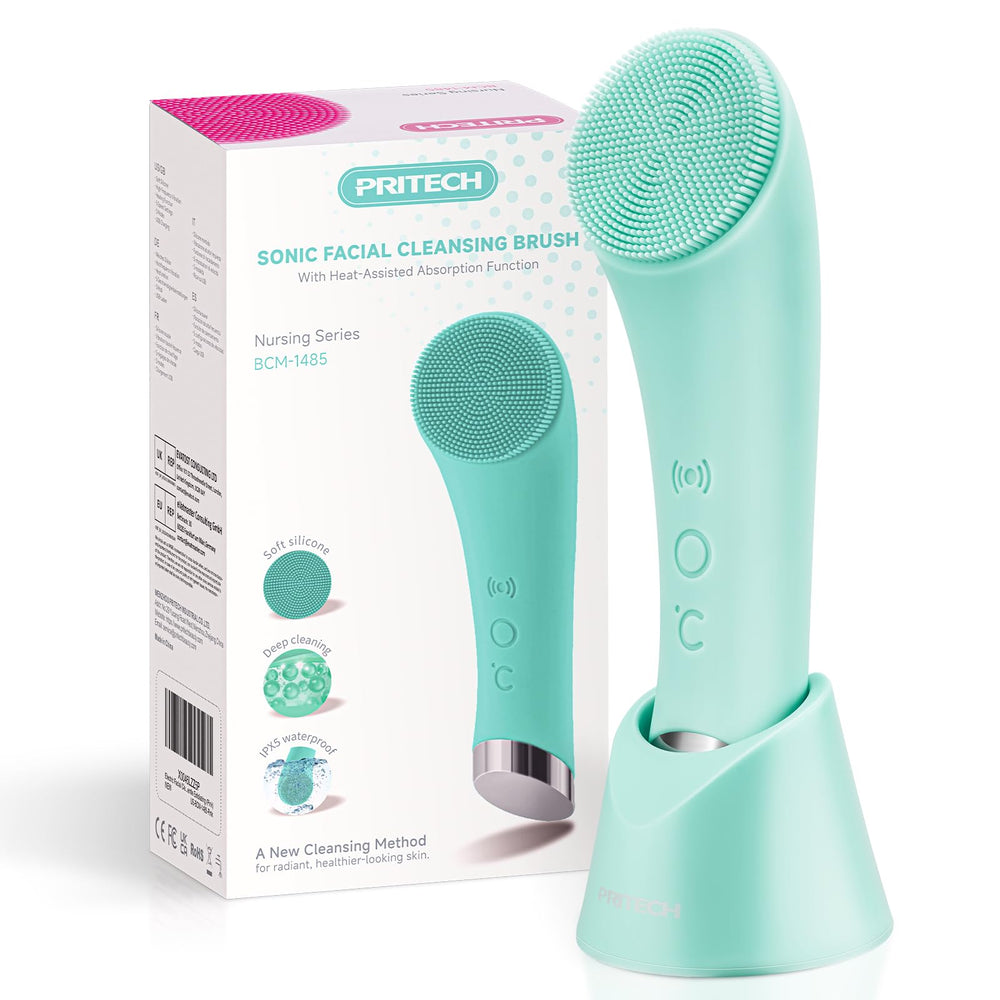 PRITECH silicone face scrubber green with soft bristles for gentle cleansing.