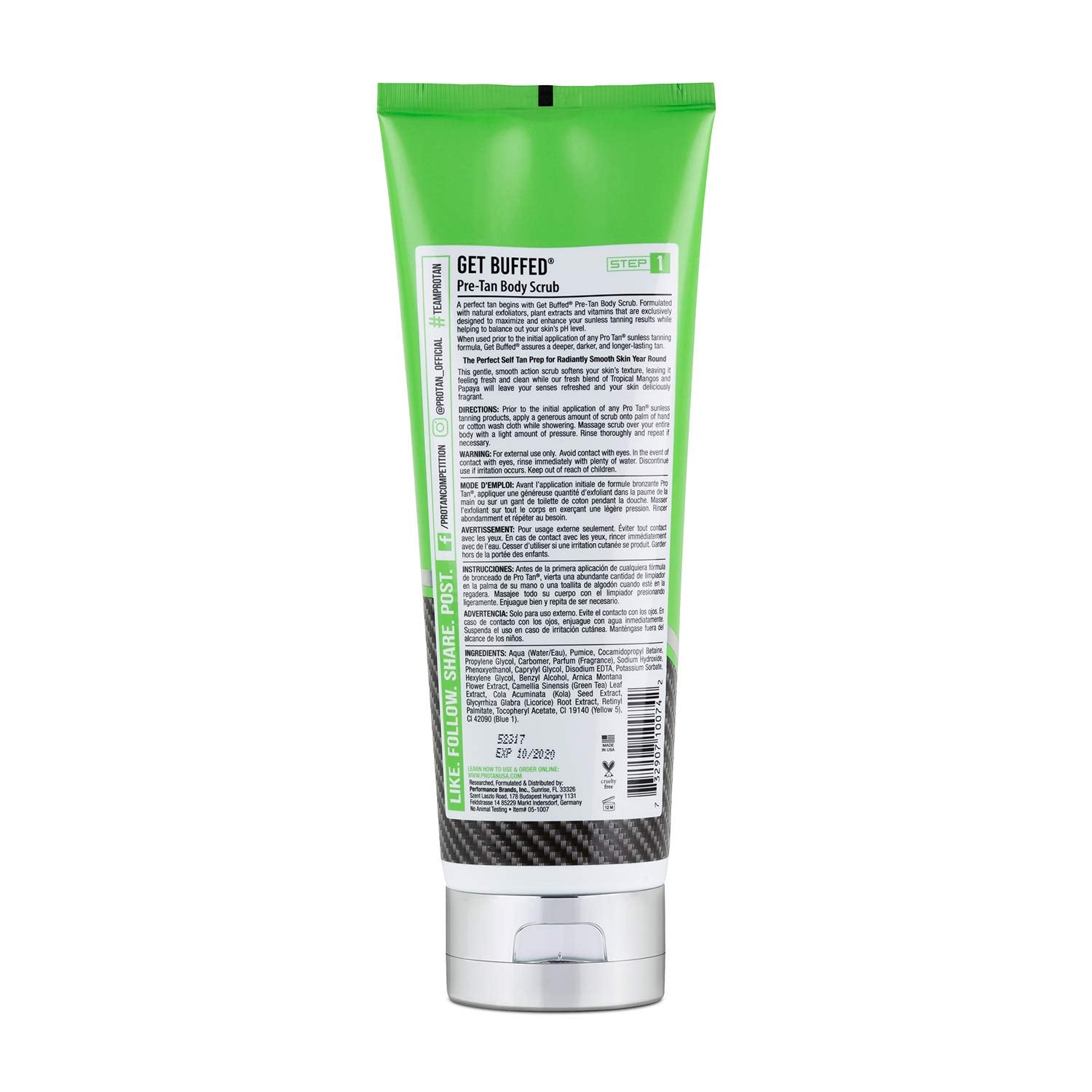 Pro Tan Get Buffed aroma-mangos-papaya ofrece una experiencia fresca y piel suave tras exfoliar.