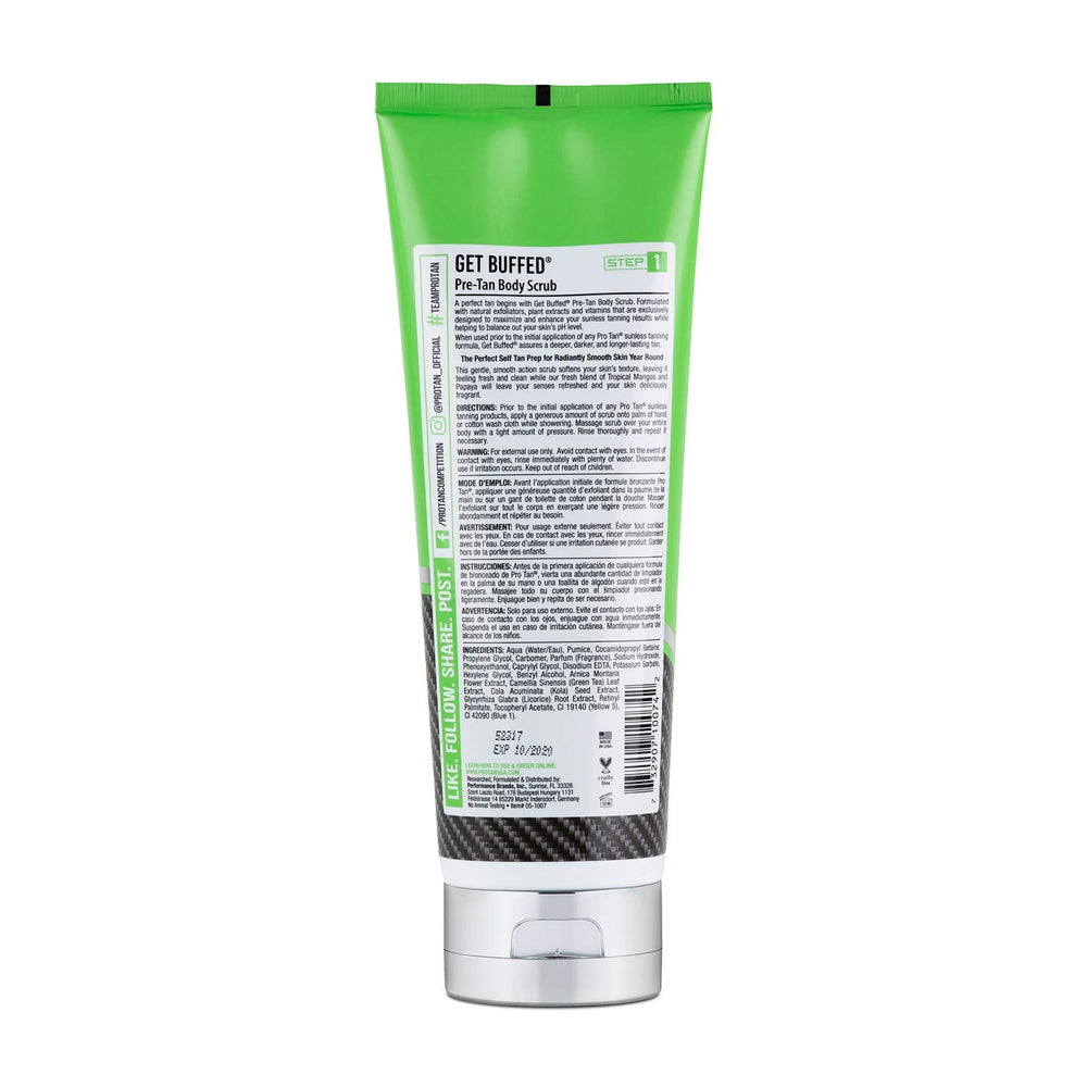 Pro Tan Get Buffed aroma-mangos-papaya ofrece una experiencia fresca y piel suave tras exfoliar.