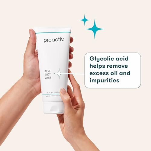 Proactiv acne body wash bottle closeup highlighting gentle exfoliation and key ingredients.