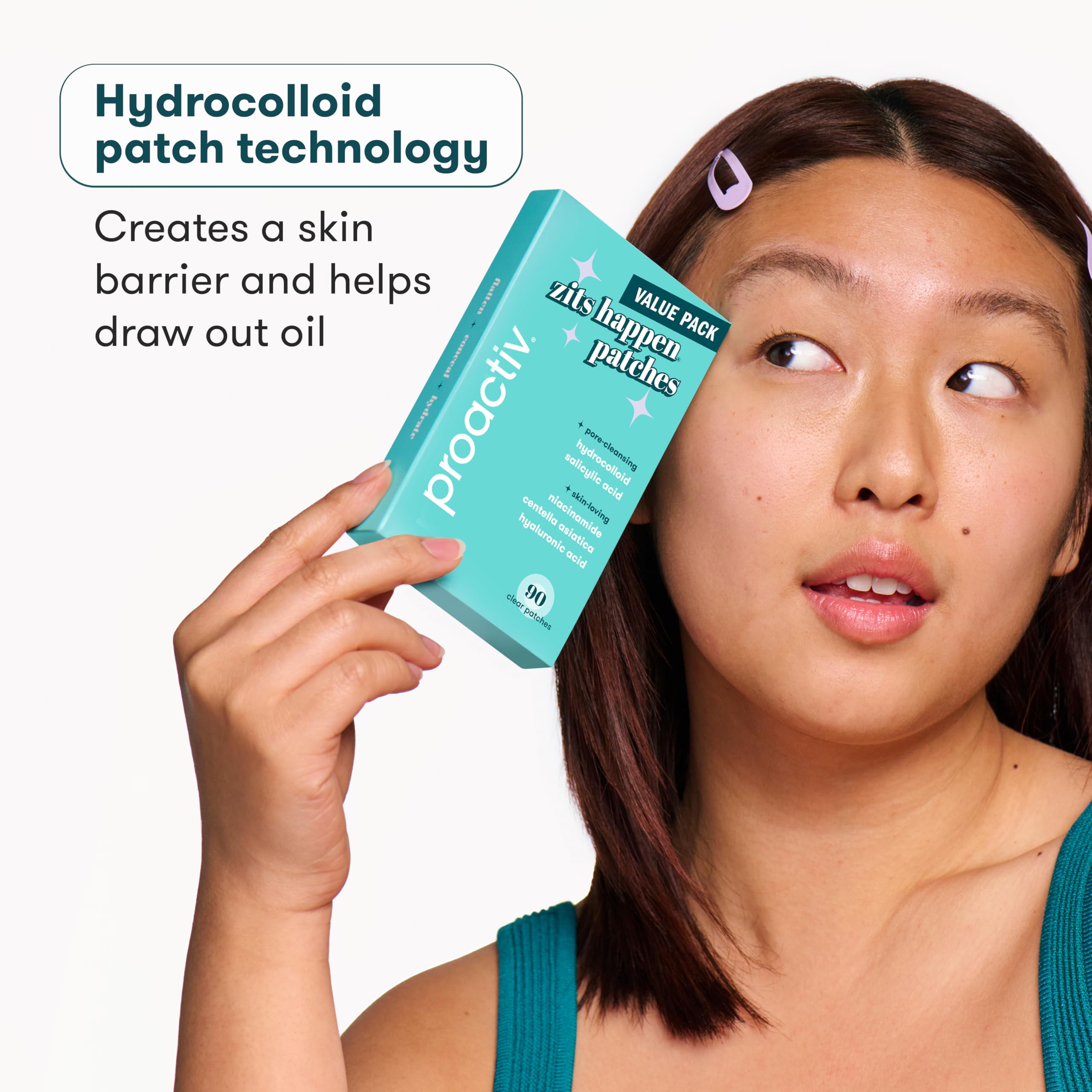 Proactiv hydrocolloid patch with technology to absorb oil and protect blemishes.