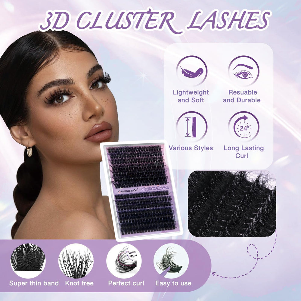 Proamate cluster lashes 10–18mm length range for natural-to-dramatic gradient looks.