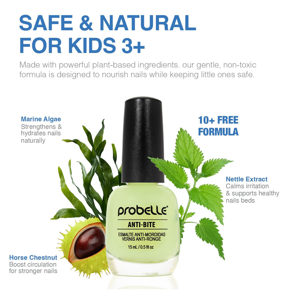 Probelle Anti-Bite, ingredientes clave como vitamina E para uñas más cuidadas.
