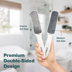 Probelle foot file nickel surface for use on dry feet to smooth rough skin.