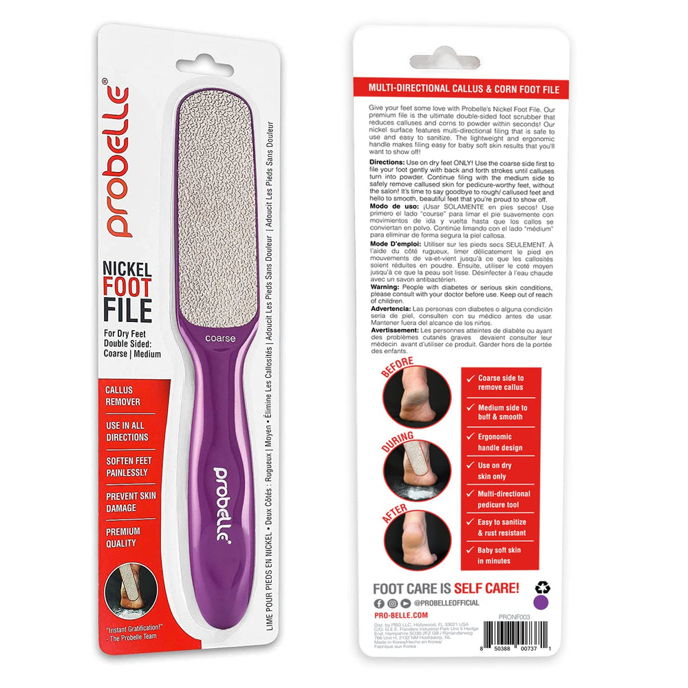Probelle purple foot file packaging displayed on shelf.