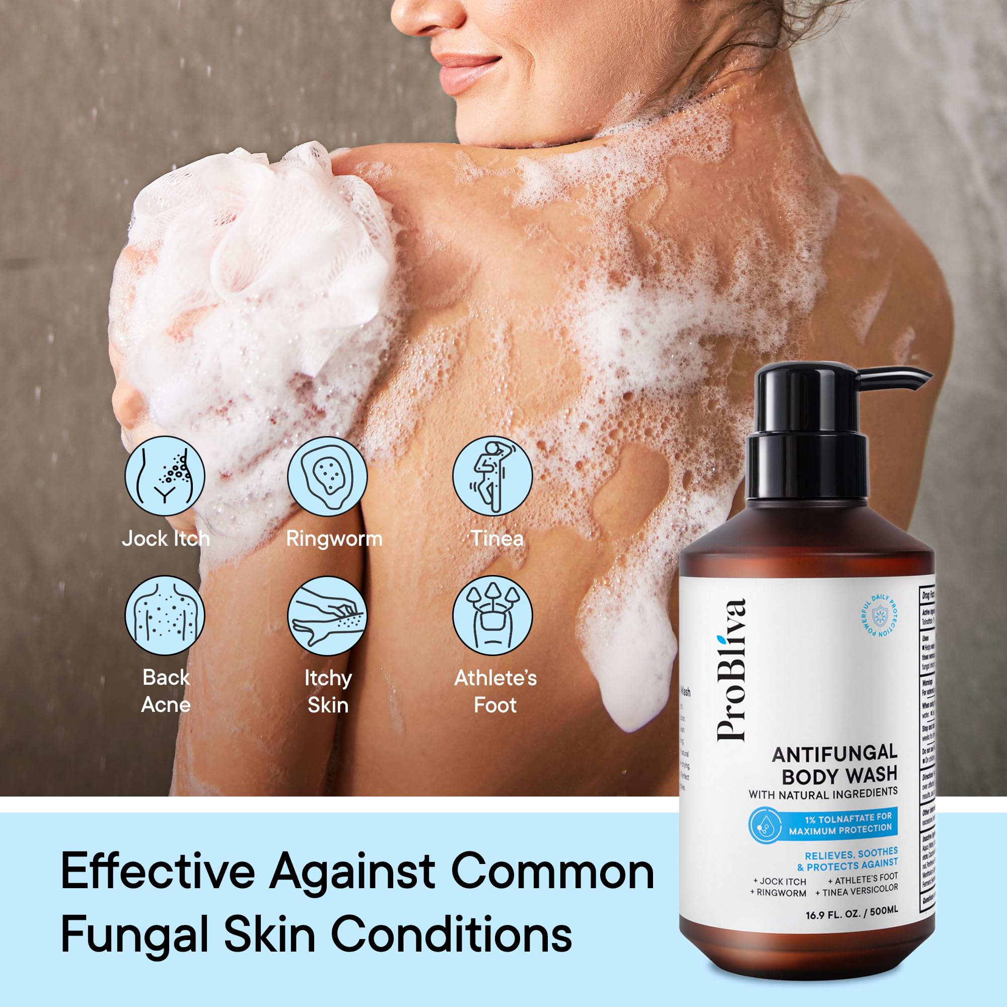 ProBliva antifungal body wash foam lather gently cleanses while cooling with menthol.