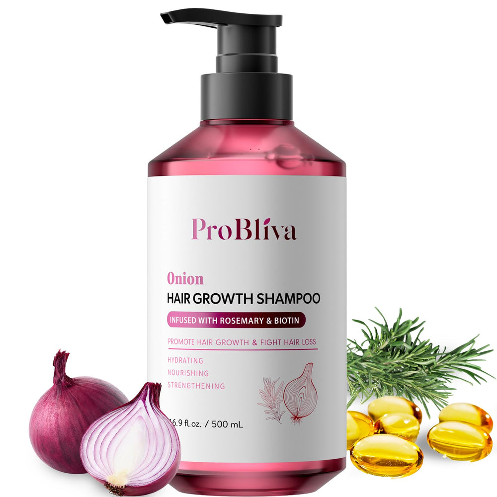 Champú ProBliva en botella con cebolla, biotina y romero para cabello más denso