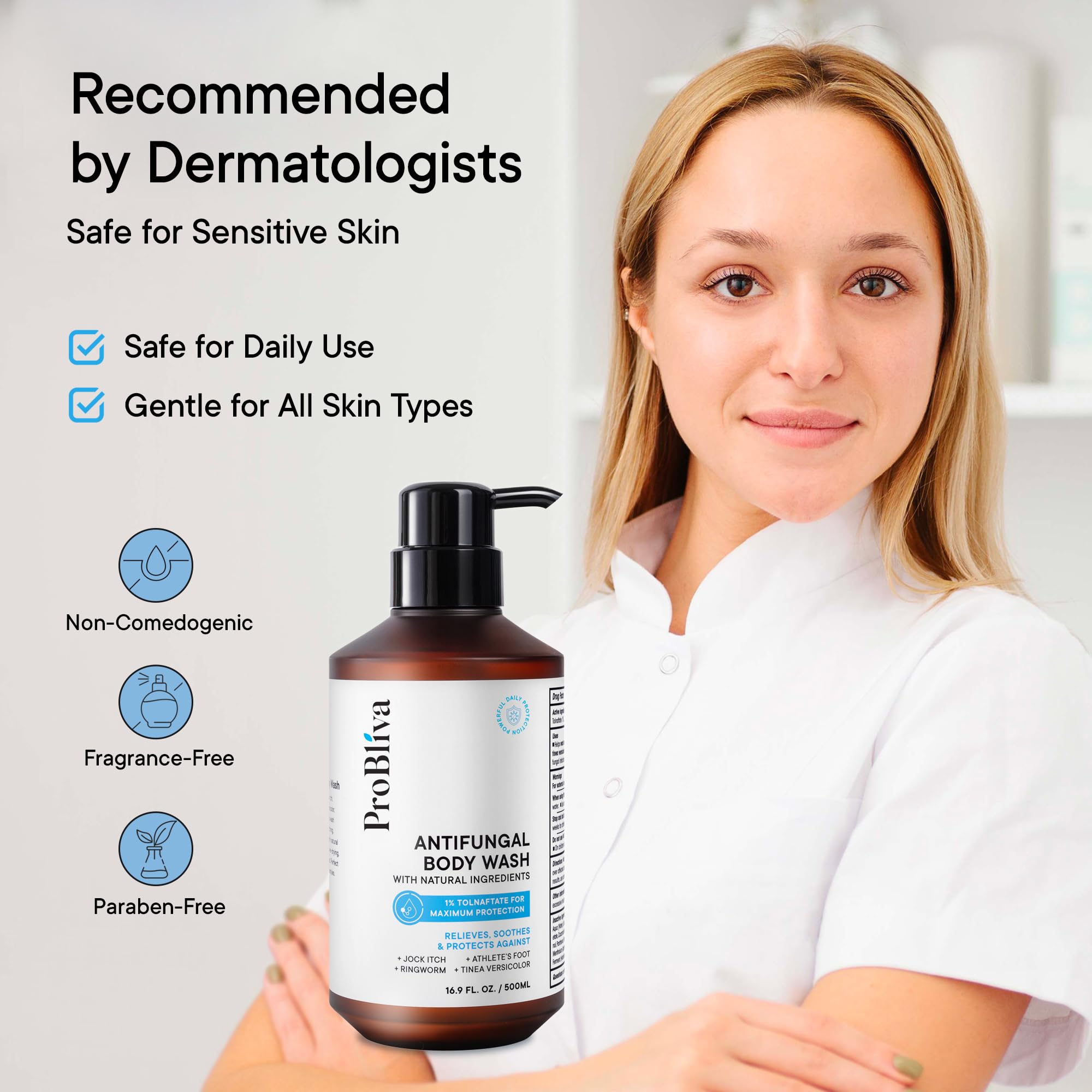 ProBliva face-and-body cleanser image demonstrates versatile daily-use for sensitive skin.