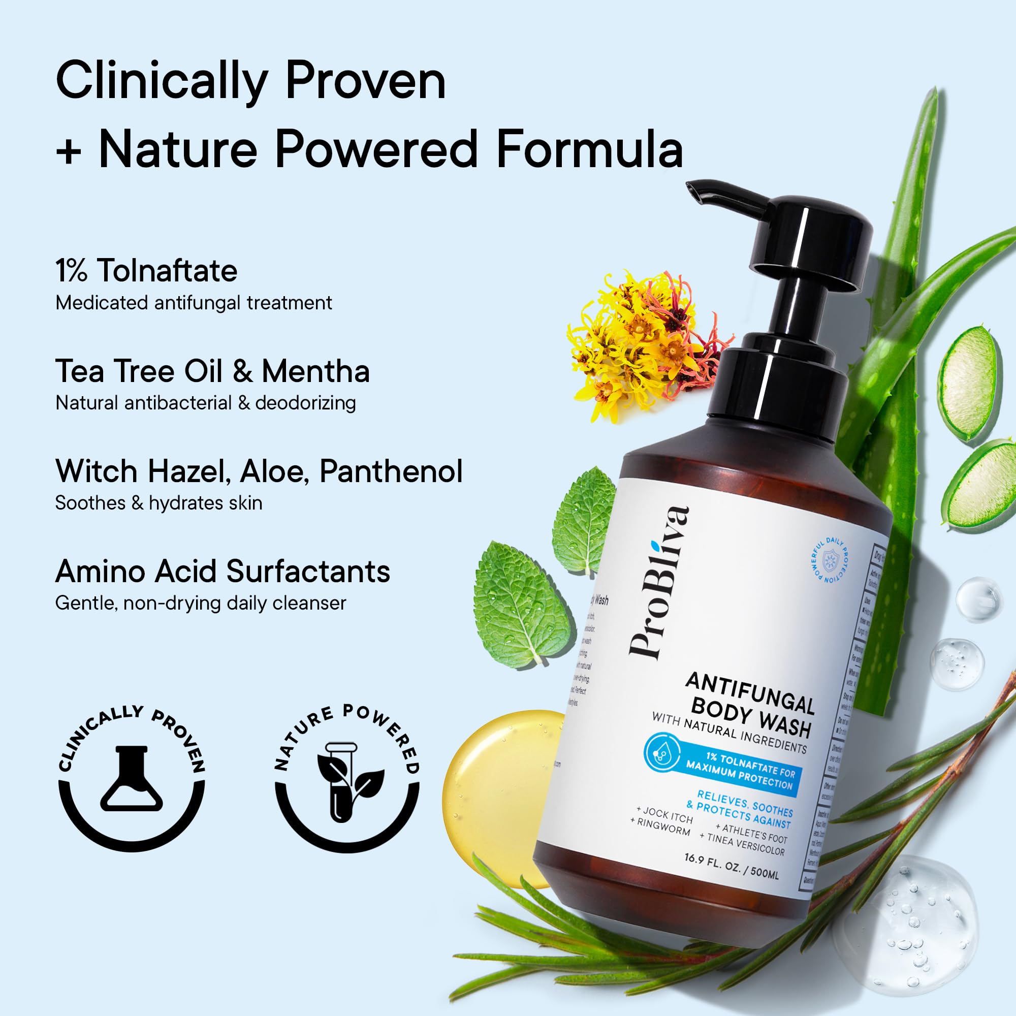 ProBliva tea tree oil infused cleanser highlights refreshing scent and fungal relief.