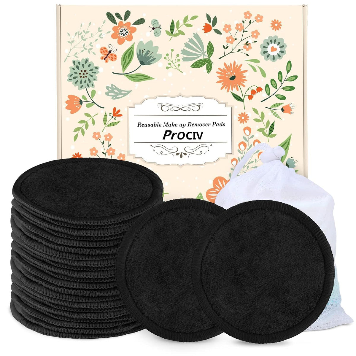 Prociv reusable makeup remover pads in black, soft bamboo-cotton texture.