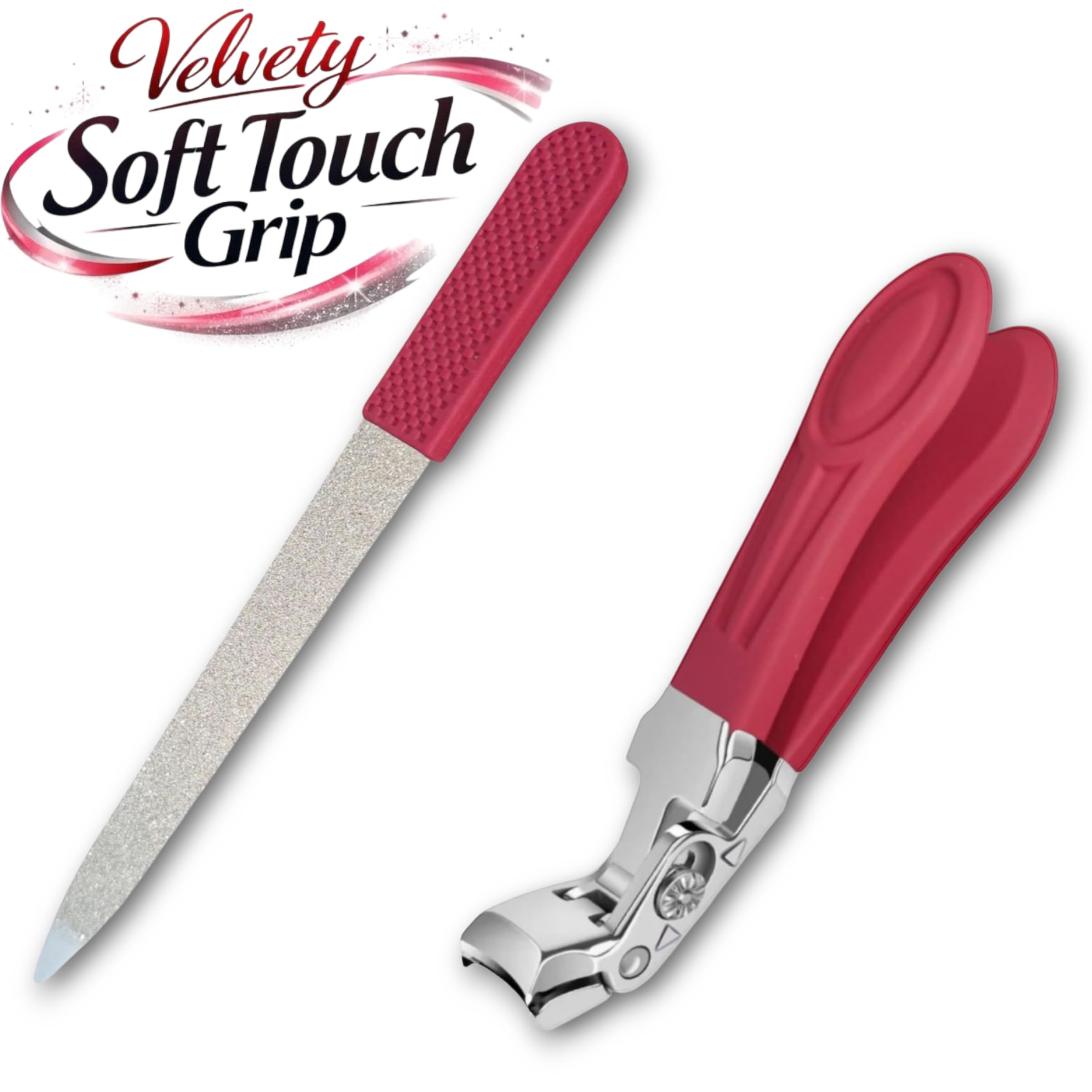 Elegant ruby red design with senior-friendly safety style.
