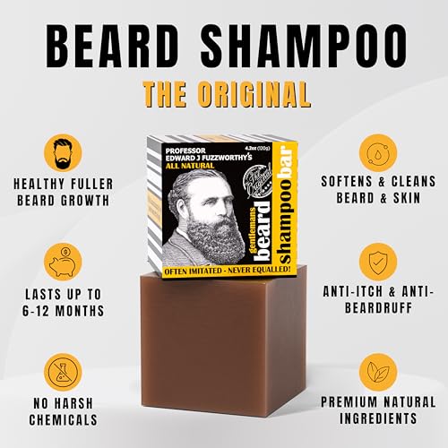 Professor Fuzzworthy's beard shampoo bottle with woody scent for grooming.