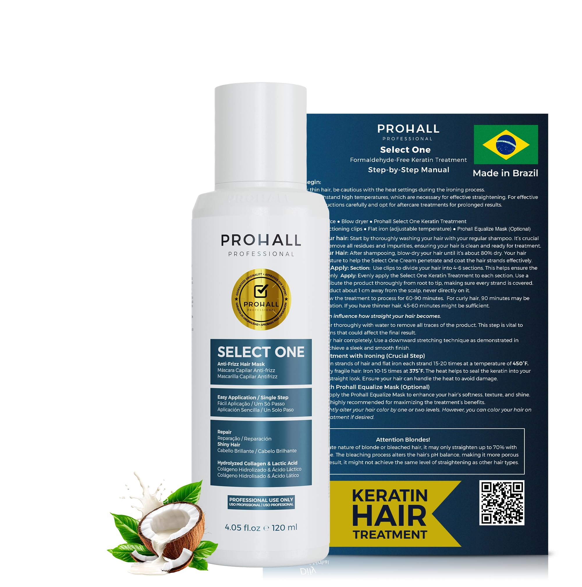 Prohall Select One bottle front view for at-home keratin treatment.