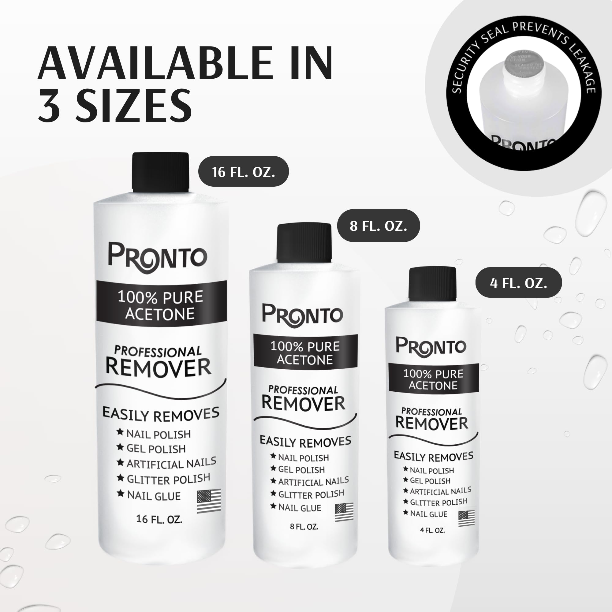 Pronto acetone remover with mess-free cap for easy use.