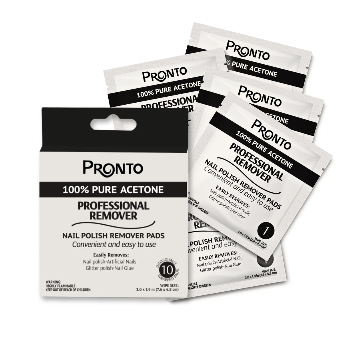 Pronto nail polish remover pads 10-pack, conveniently wrapped for salon or home use.