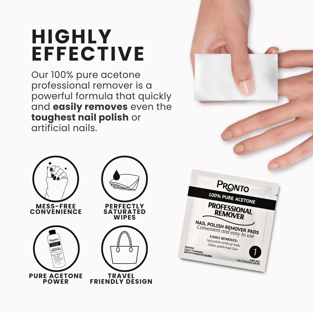 Pronto nail polish remover pads compact pack, ideal for travel.