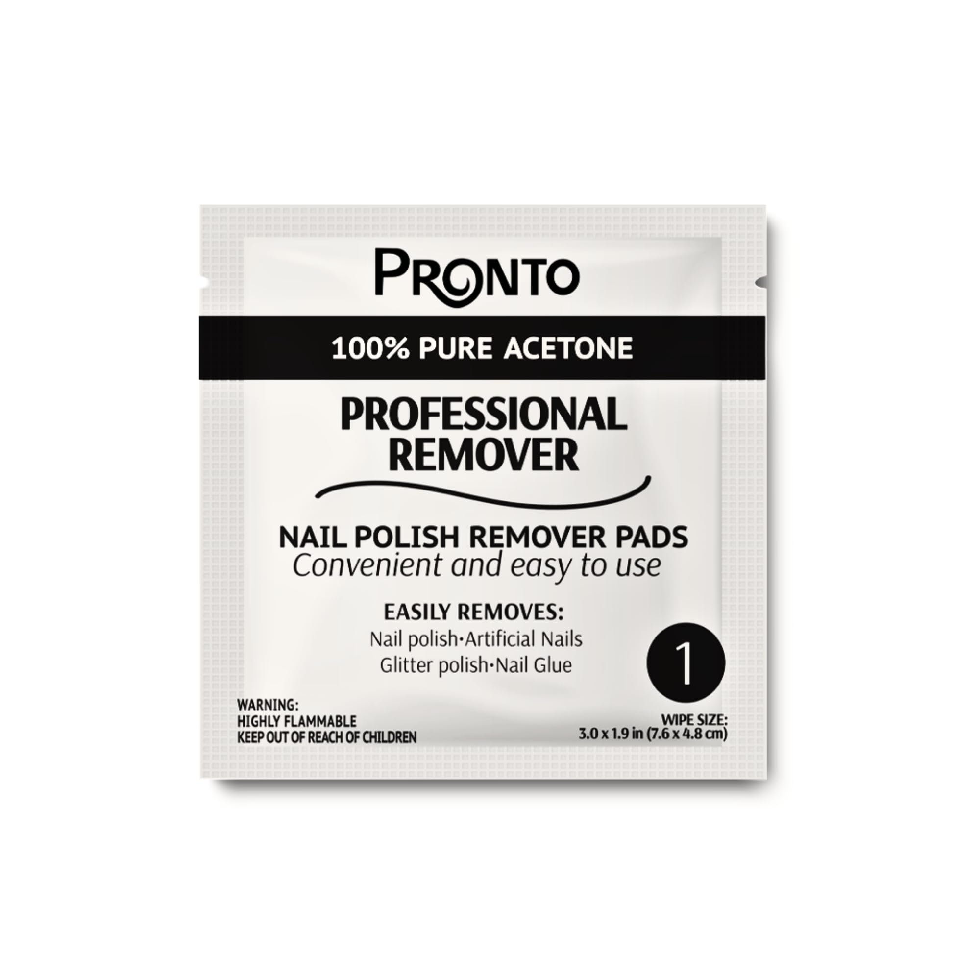 Pronto nail polish remover pads, individually wrapped for hygiene and on-the-go use.
