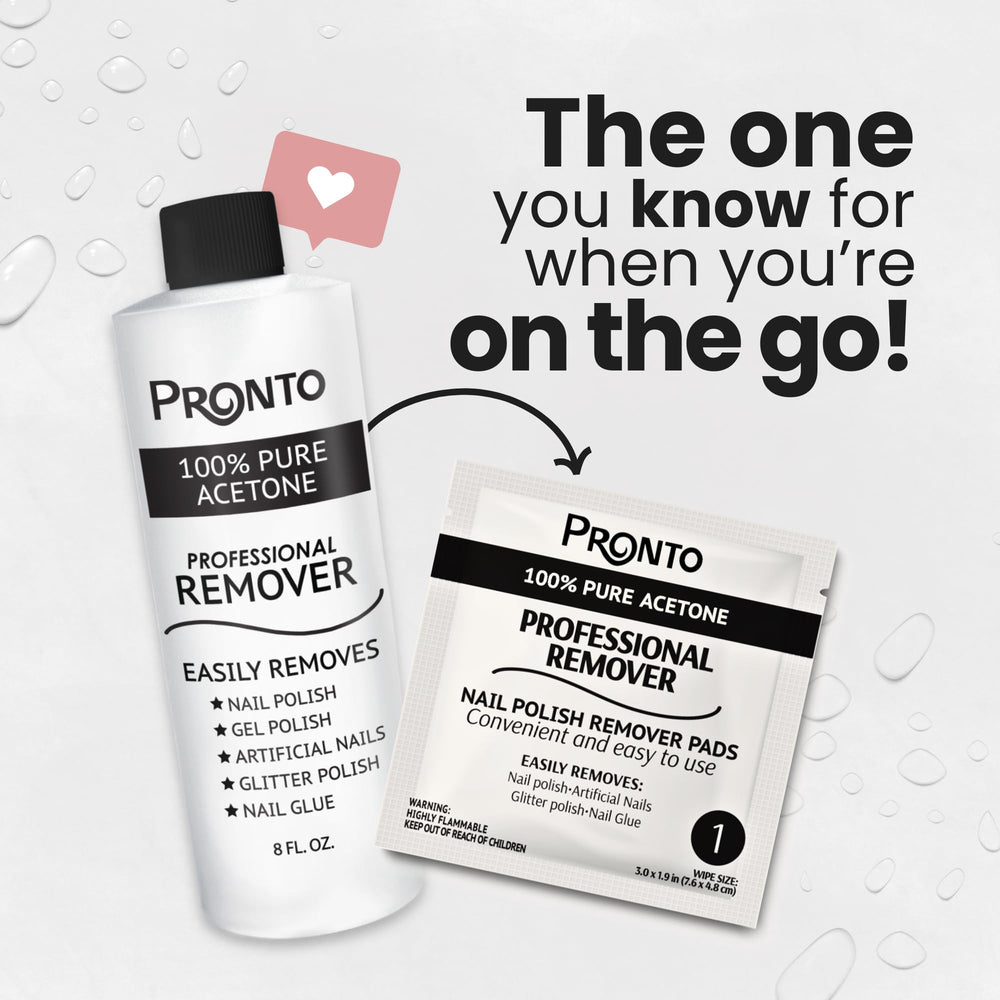 Pronto nail polish remover pads on-the-go, ready for quick touch-ups.