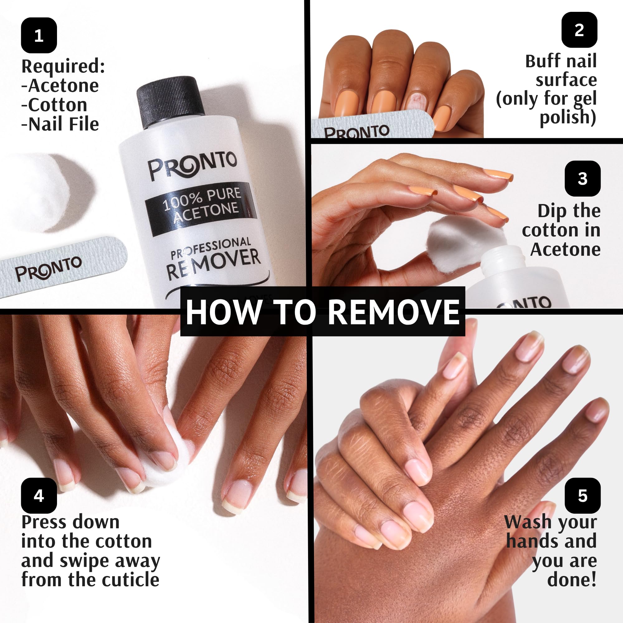 Pronto professional acetone remover label on USA-made bottle.