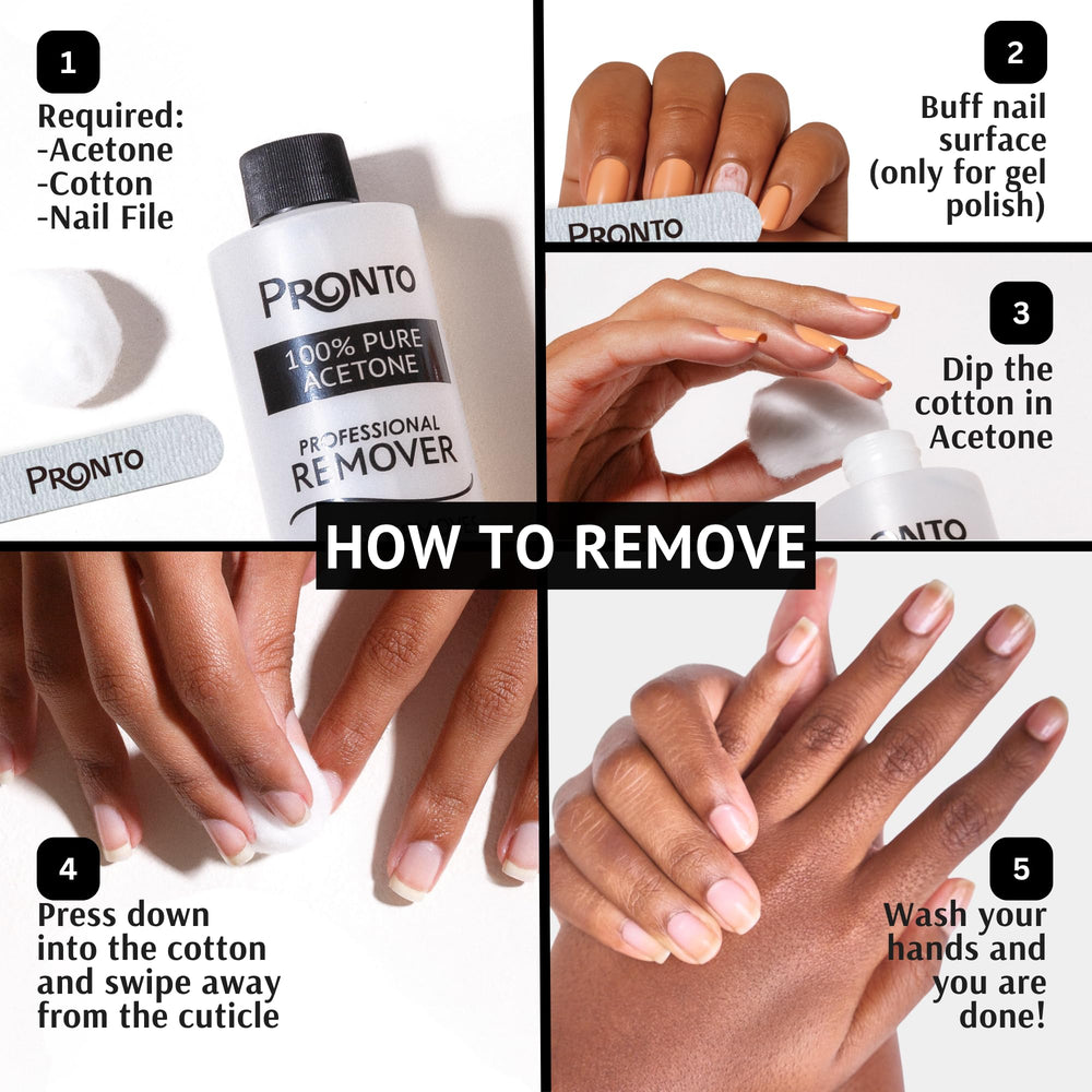 Pronto professional acetone remover label on USA-made bottle.