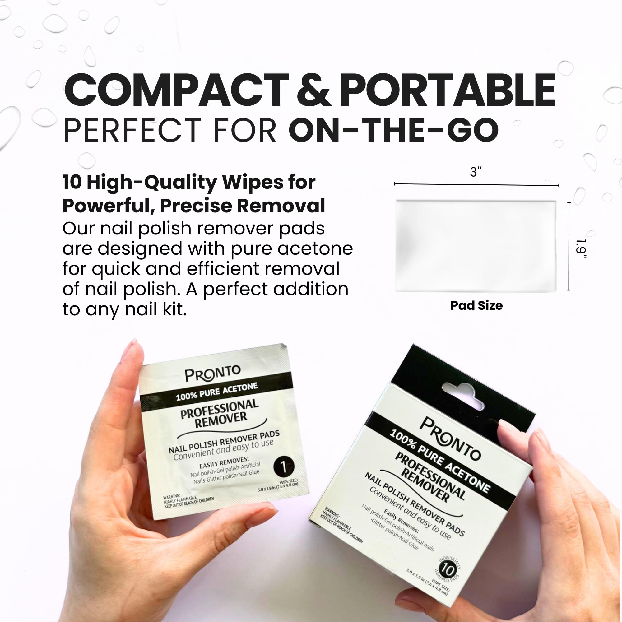 Pronto pure acetone wipes, ready-to-use for fast color removal.