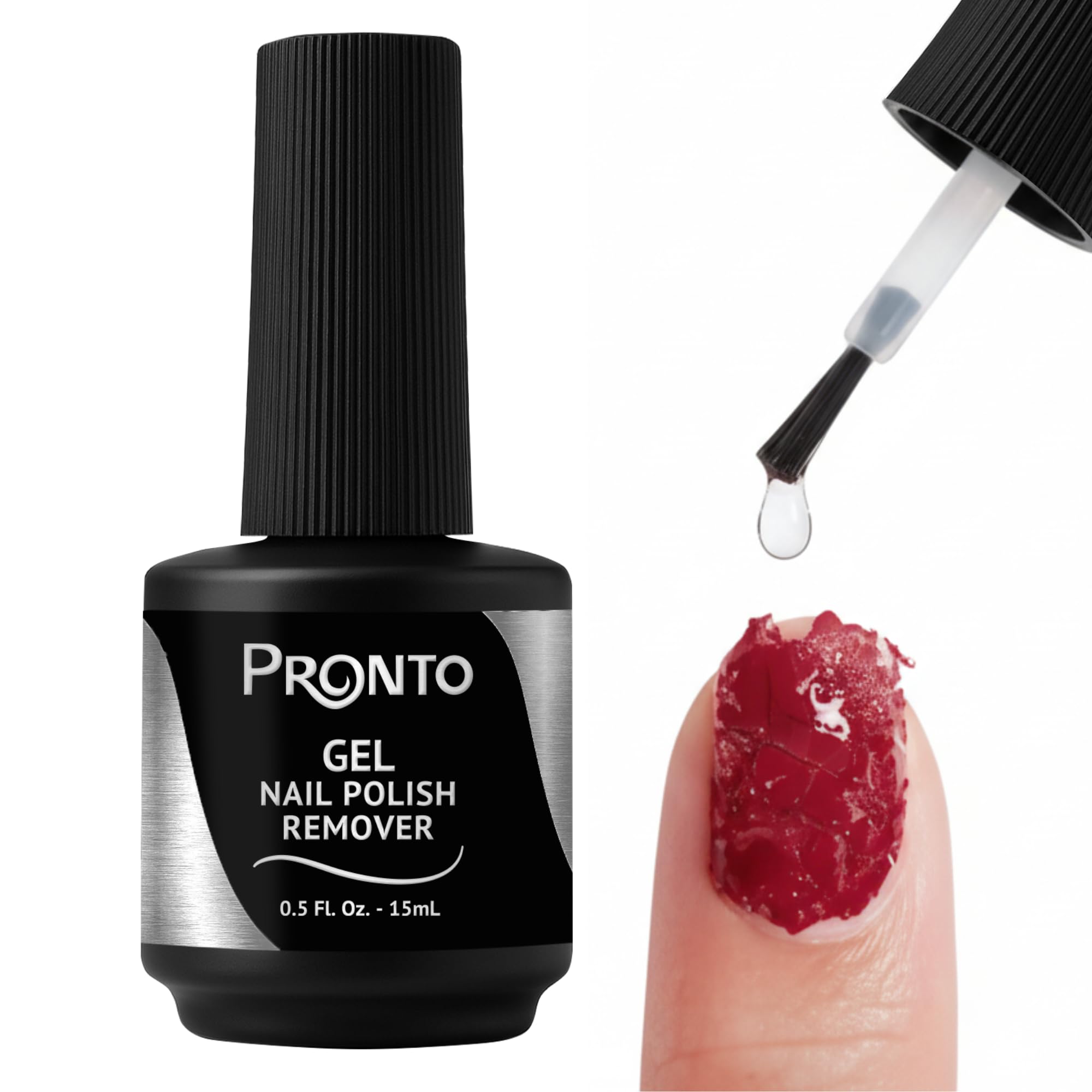 Pronto Quick Peel-Off Remover bottle shown for fast at-home polish removal