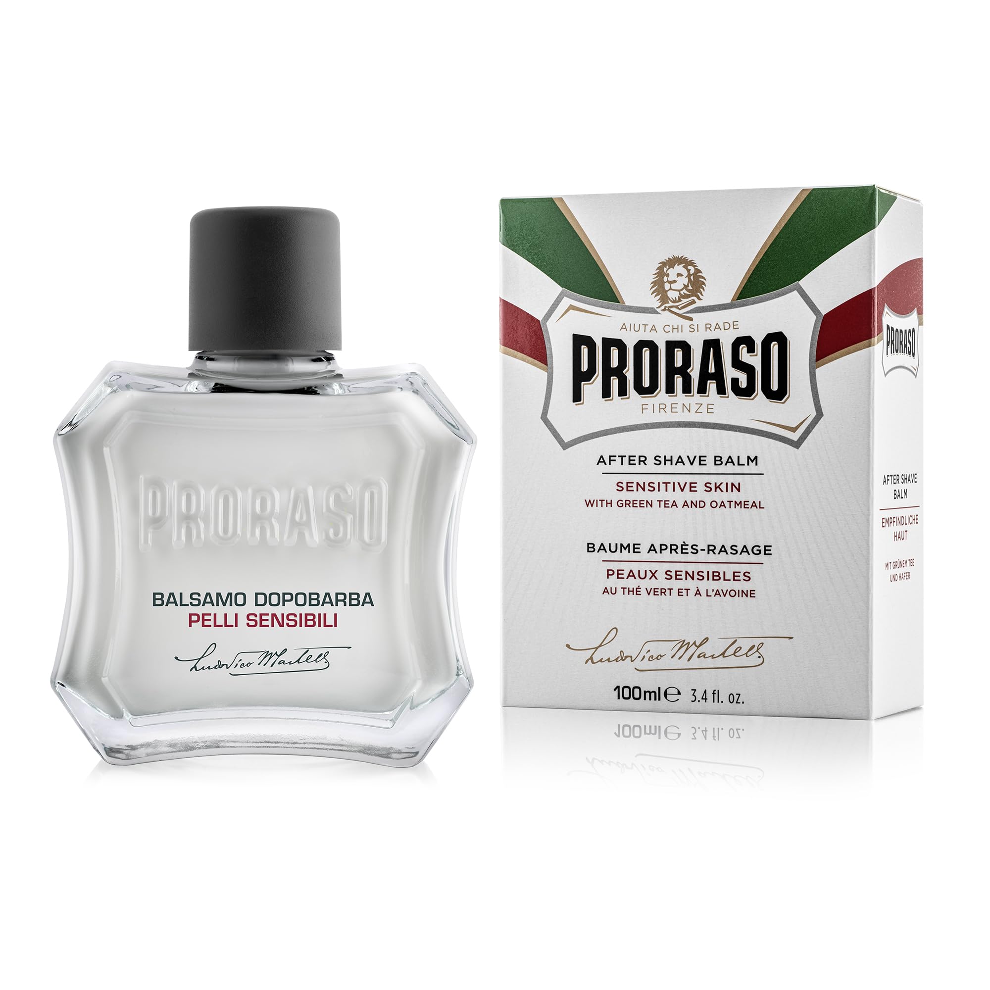 Proraso After Shave Balm jar closeup showing soothing oatmeal and green tea for sensitive skin