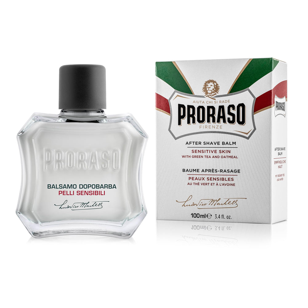 Proraso After Shave Balm jar closeup showing soothing oatmeal and green tea for sensitive skin
