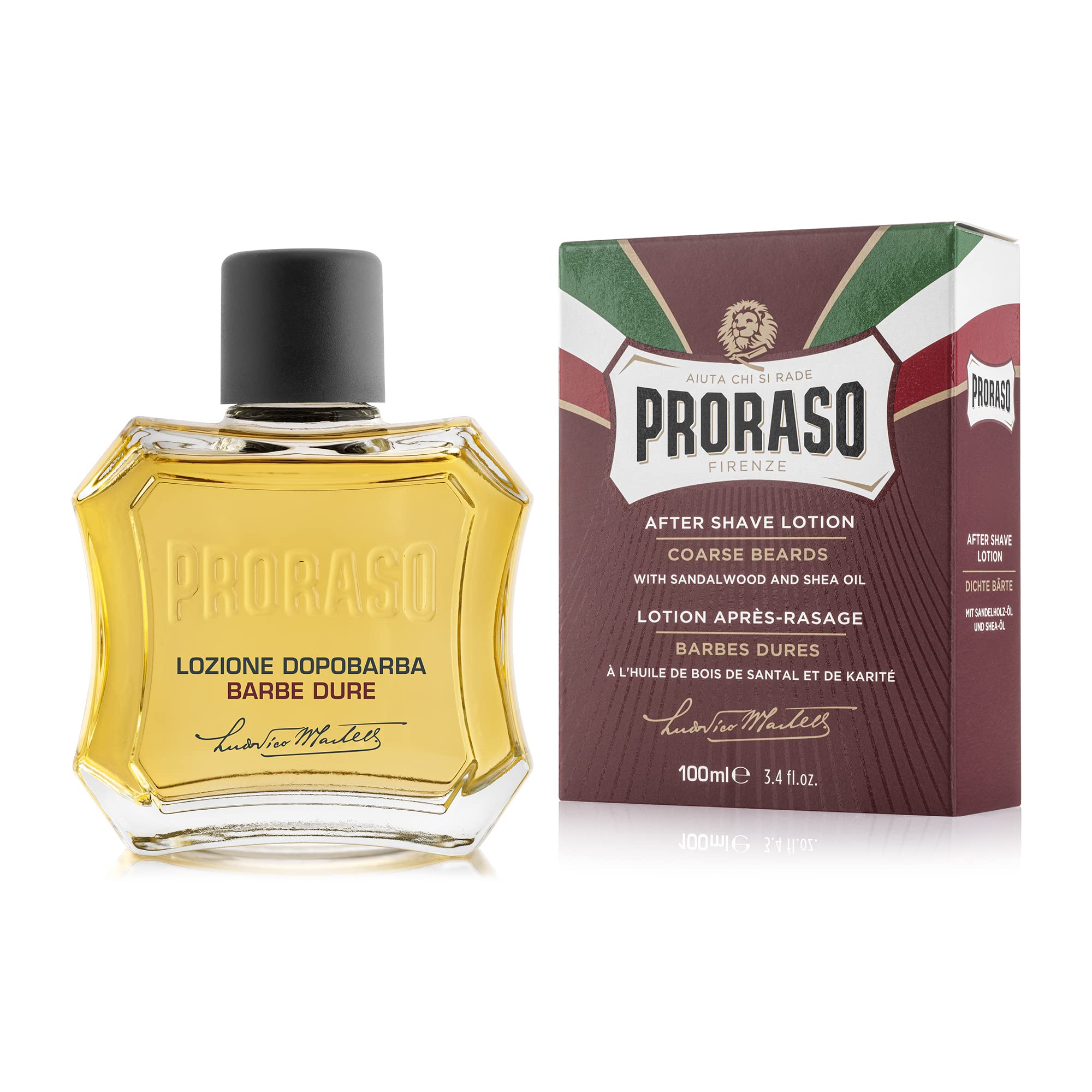 Proraso aftershave sandalwood bottle pour demonstrates quick, non-greasy hydration after shave