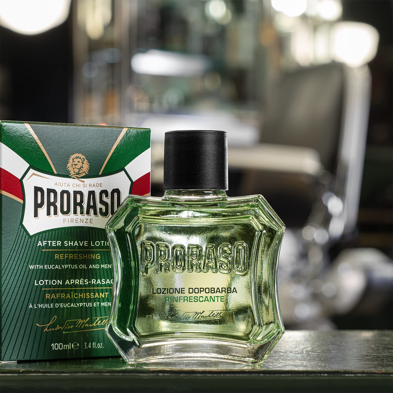 Proraso barbershop routine setting highlights premium grooming experience.