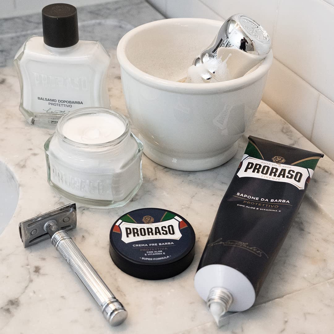 Proraso blue range packaging featuring lightweight, non-greasy formula.