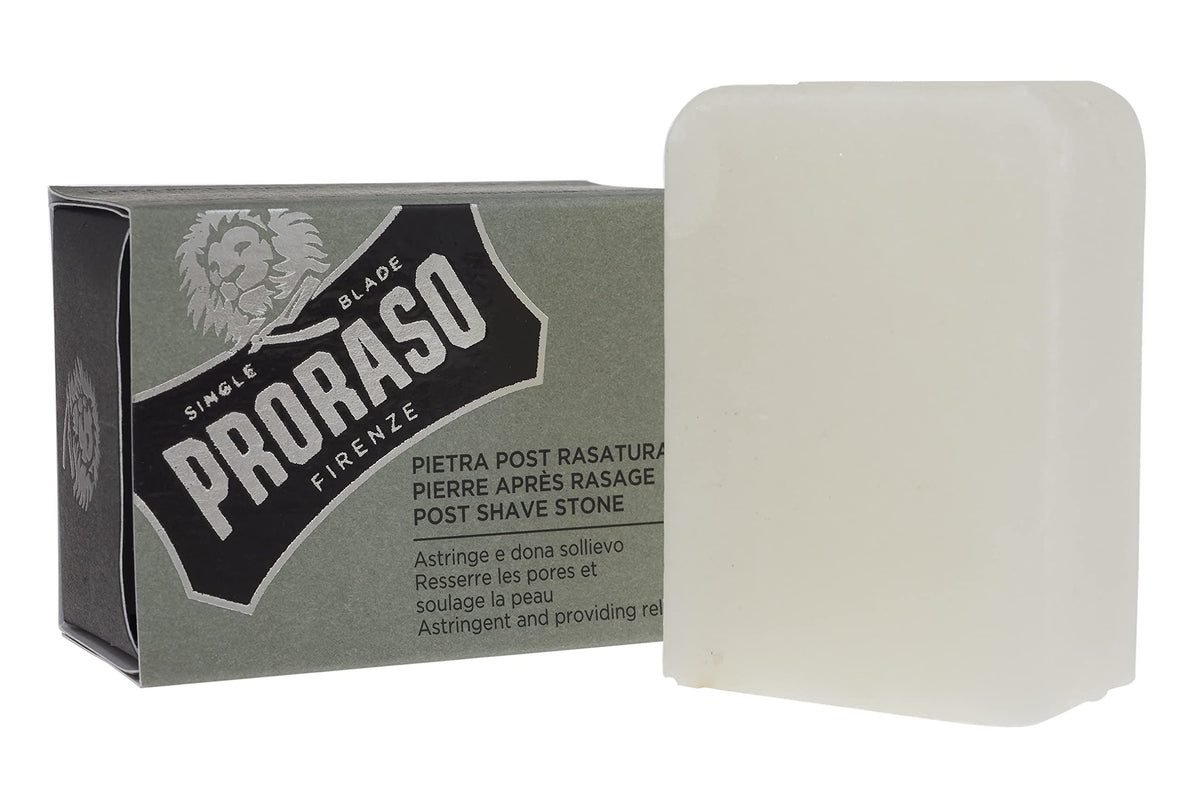 Proraso Post-Shave Stone on skin, delivering gentle cooling and pore tightening after shaving.