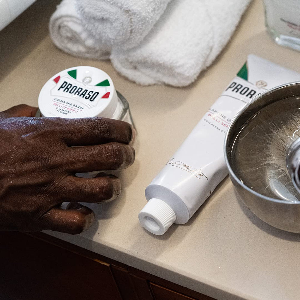 Proraso cream with eucalyptus and menthol offers refreshing pre-shave care