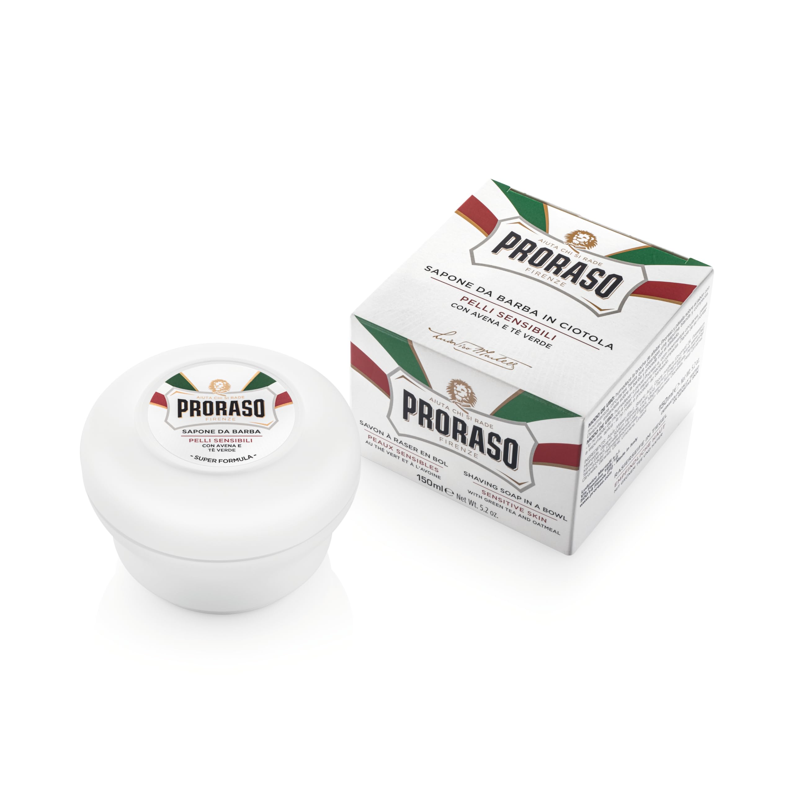Proraso Shave Soap in a Bowl with Oatmeal and Green Tea creates protective lather.